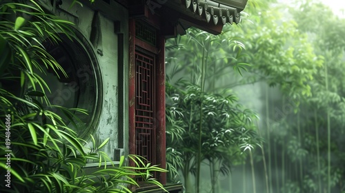Ancient Chinese buildings in bamboo forest,created with Generative AI tecnology.