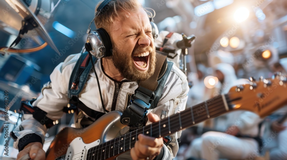 Fototapeta premium A musician in a futuristic setting plays an electric guitar while wearing astronaut gear, surrounded by advanced technology and other performers in similar attire.