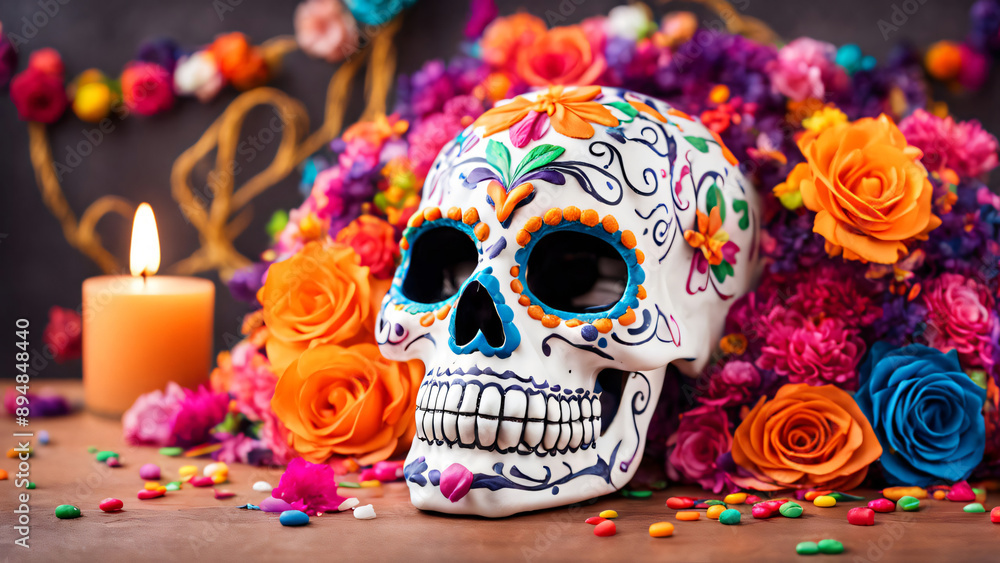 Decorated sugar skull with festive background, Day of the Dead celebration Decorated sugar skull with festive background, Day of the Dead celebration