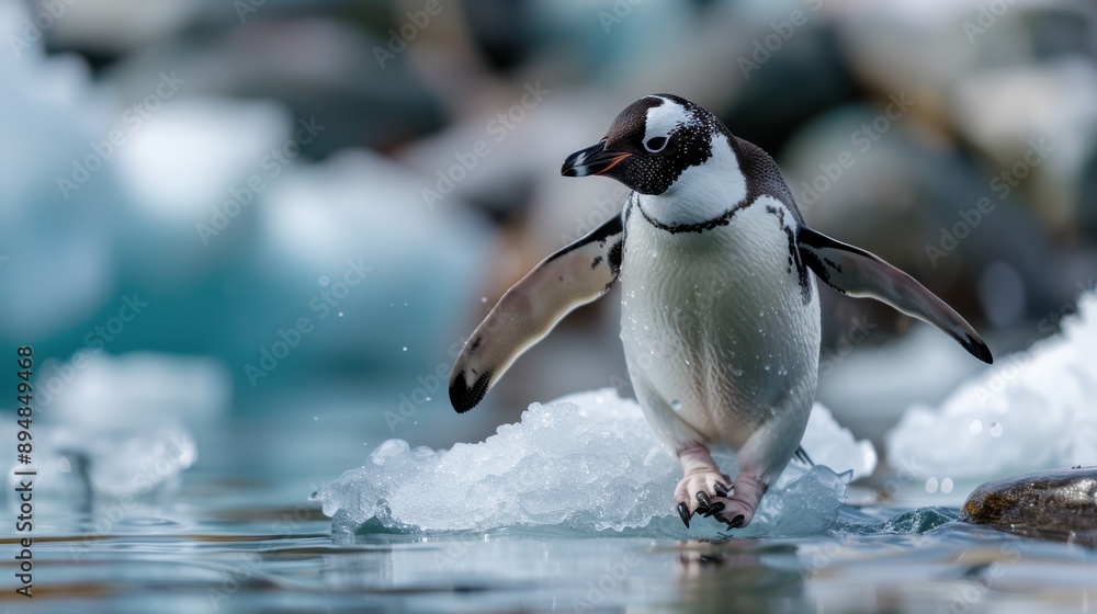 Fototapeta premium A charming penguin standing on an ice floe, flapping its wings, with cold water and icebergs in the background, capturing the beauty of nature and wildlife in polar regions.