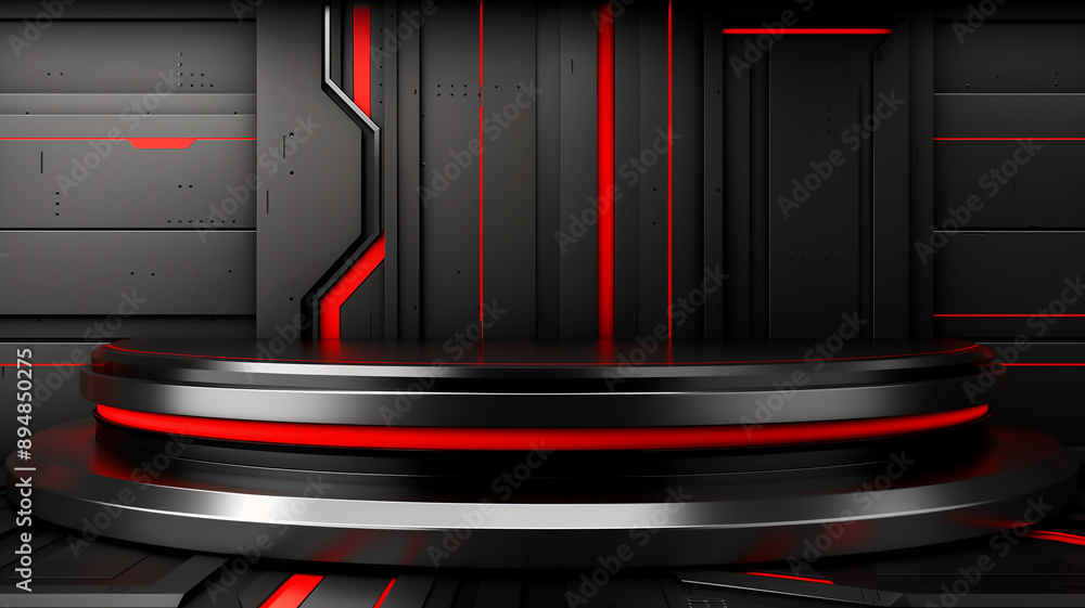 Futuristic Black and Red Podium with High-Tech Car Racing Background Futuristic Black and Red Podium with High-Tech Car Racing Background
