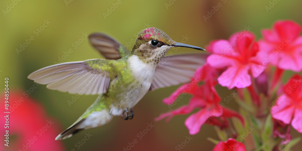 Obraz premium A vibrant hummingbird hovers near bright pink flowers, captured mid-flight with wings blurred against a soft green background