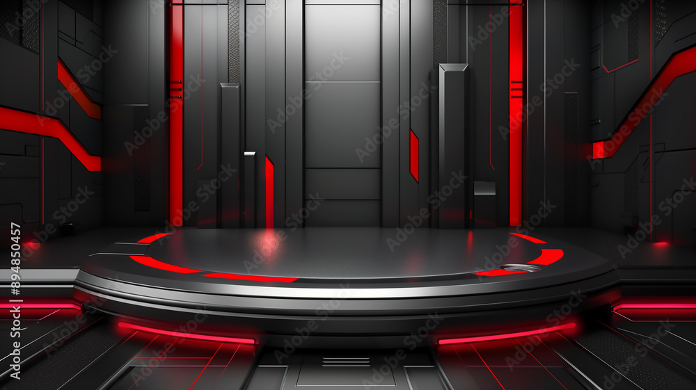 Futuristic Black and Red Podium with High-Tech Car Racing Background Futuristic Black and Red Podium with High-Tech Car Racing Background