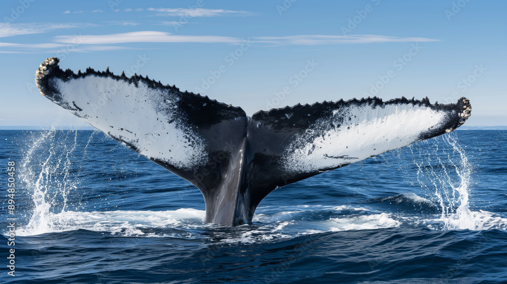 Fototapeta premium A majestic humpback whale's tail rises above the ocean surface, with water splashing against a clear blue sky