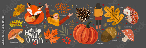 Hello, autumn. Set of vector cute illustrations of mushroom, hedgehog, leaves, pumpkin, acorn, girl, maple leaf, objects, elements, icon for greeting card, invitation or banner. Collection.