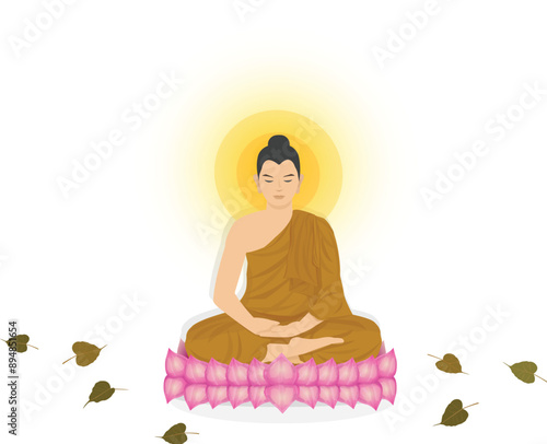 Cartoon: Buddha Enlightenment on lotus base is the day Visakha Puja is Important day Buddhist isolated white background.