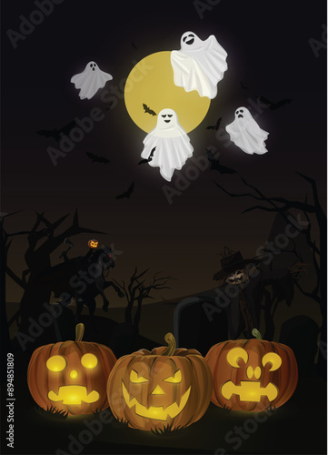 Cartoon : Ghost white cover fabric evil or Character creepy funny cute. Ghost Knight Headless Horseman in legend and Pumpkin Scarecrow On dark background Halloween.