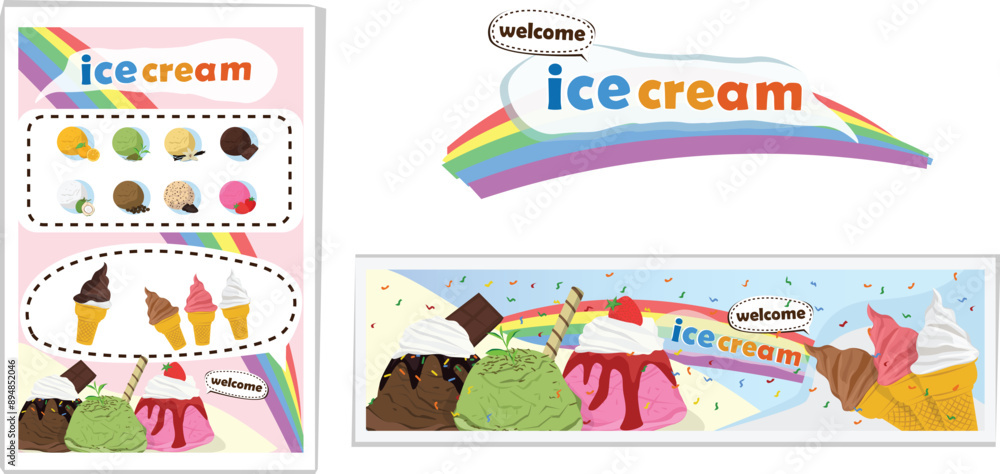 Fototapeta premium Cartoon Banner advertising media for ice cream variety of flavors be palatable an example of a summer welcome.