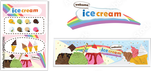 Cartoon Banner advertising media for ice cream variety of flavors be palatable an example of a summer welcome.