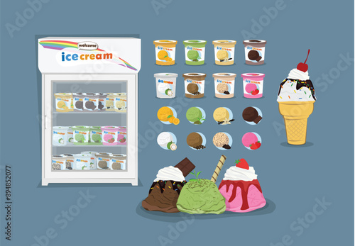 Cartoon Ice cream set a variety of flavors many forms made of nature nice to eat be palatable ready to product and refrigerator freezer.