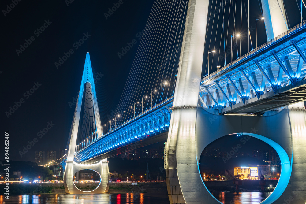 Night view of Baiju Temple Yangtze River Bridge, Chongqing, China.Chinese translation: Baiju Temple Yangtze River Bridge