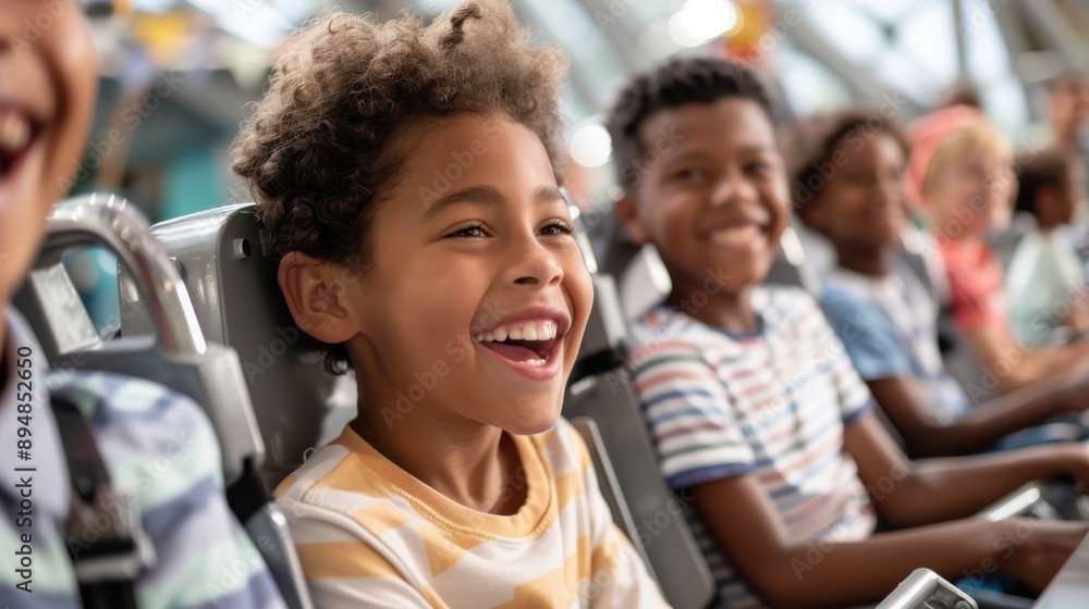 Joyous children with bright smiles experience the rush of a thrilling ride at an indoor amusement park, surrounded by vibrant colors and a lively buzz of excitement. Joyous children with bright smiles experience the rush of a thrilling ride at an indoor amusement park, surrounded by vibrant colors and a lively buzz of excitement.