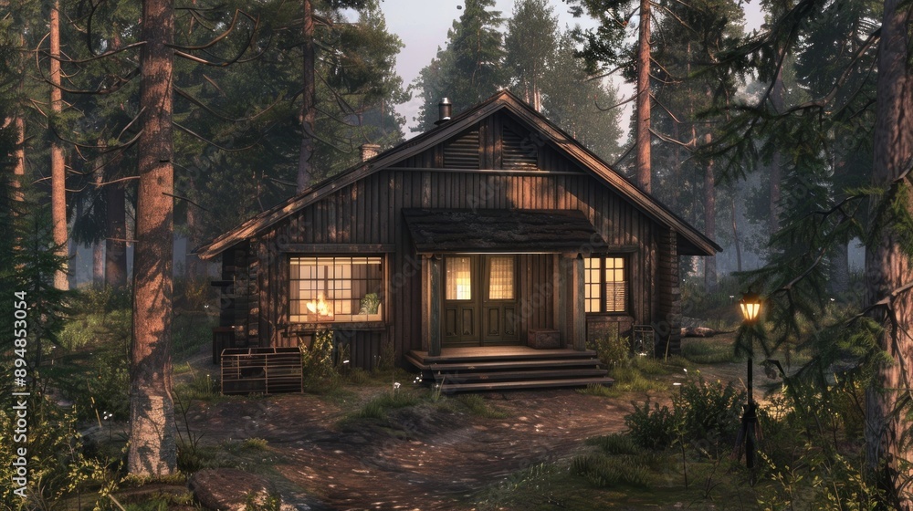 Generate a prompt for a photo realistic image of a Scandinavian inspired cabin with simple forms, wood paneling, and surrounded by pine trees. Generate a prompt for a photo realistic image of a Scandinavian inspired cabin with simple forms, wood paneling, and surrounded by pine trees.