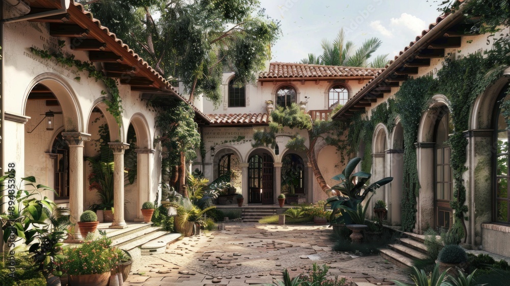Generate a prompt for a photo realistic image of a Mediterranean villa with a central courtyard, terracotta roof tiles, and arched windows. Generate a prompt for a photo realistic image of a Mediterranean villa with a central courtyard, terracotta roof tiles, and arched windows.
