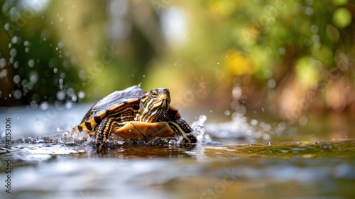 In this engaging image, a turtle splashes energetically through a peaceful stream, portraying both the liveliness of the turtle and the tranquility of its natural surroundings.