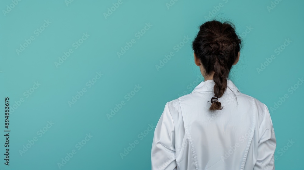 Female doctor with stethoscope in white coat from behind isolated background with space for text Healthcare theme Female doctor with stethoscope in white coat from behind isolated background with space for text Healthcare theme