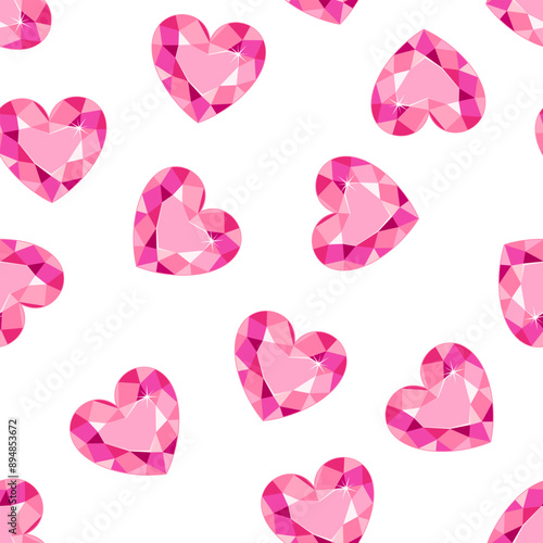 Pink heart shaped diamonds on white. Seamless pattern with beautiful gems. Love background. Vector cartoon flat illustration. 