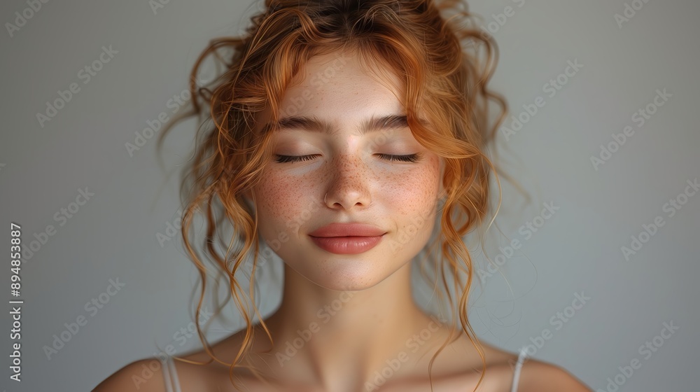Serene Beauty of a Young Woman, showcasing a fresh, radiant complexion, eyes gently closed in bliss, set against a simple, unobtrusive background, exuding tranquility and grace Serene Beauty of a Young Woman, showcasing a fresh, radiant complexion, eyes gently closed in bliss, set against a simple, unobtrusive background, exuding tranquility and grace