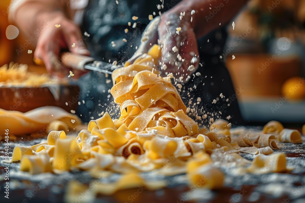 Chef's hands working on homemade pasta with flour-covered kitchen counter, showcasing the crafting of fresh, handmade pasta with attention to detail and culinary expertise. Chef's hands working on homemade pasta with flour-covered kitchen counter, showcasing the crafting of fresh, handmade pasta with attention to detail and culinary expertise.