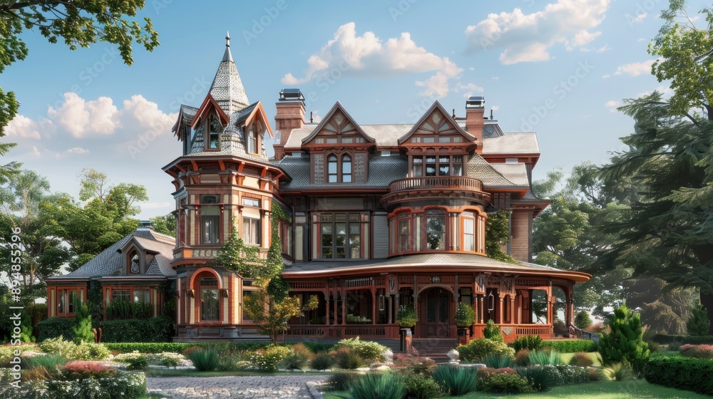 Generate a prompt for a photo realistic image of a Victorian era mansion with ornate trim, turret, and wrap-around veranda. Generate a prompt for a photo realistic image of a Victorian era mansion with ornate trim, turret, and wrap-around veranda.