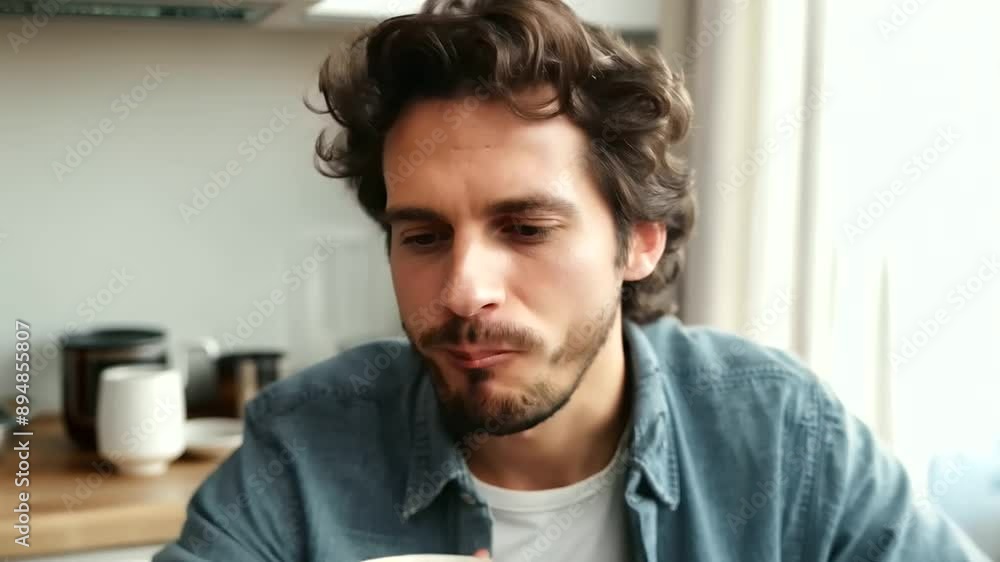Disheveled young man with messy hair sitting at a kitchen table, sipping hot coffee from a mug in the morning. Sleepy guy waking up early for refreshment, Monday blues, exhaustion, energy boost, drows Disheveled young man with messy hair sitting at a kitchen table, sipping hot coffee from a mug in the morning. Sleepy guy waking up early for refreshment, Monday blues, exhaustion, energy boost, drows