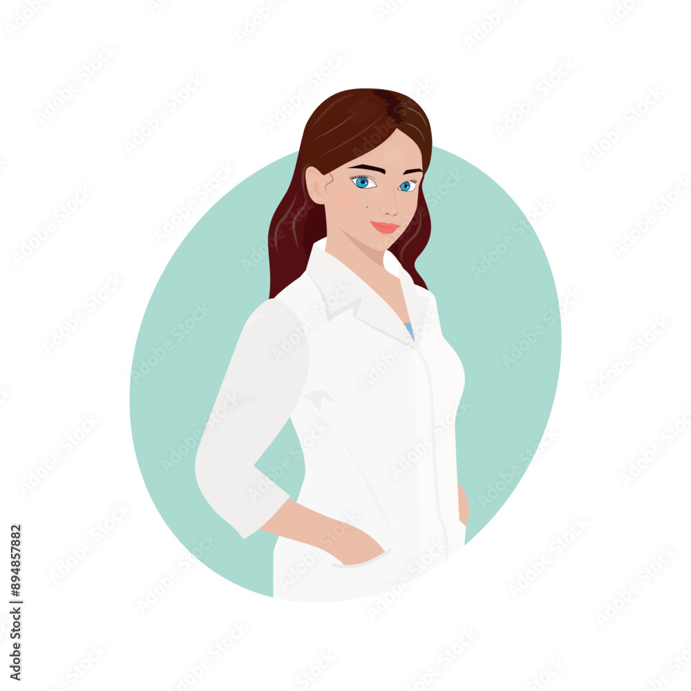 Woman doctor in uniform , health worker intern woman standing and smiling. Flat vector illustration isolated on white background