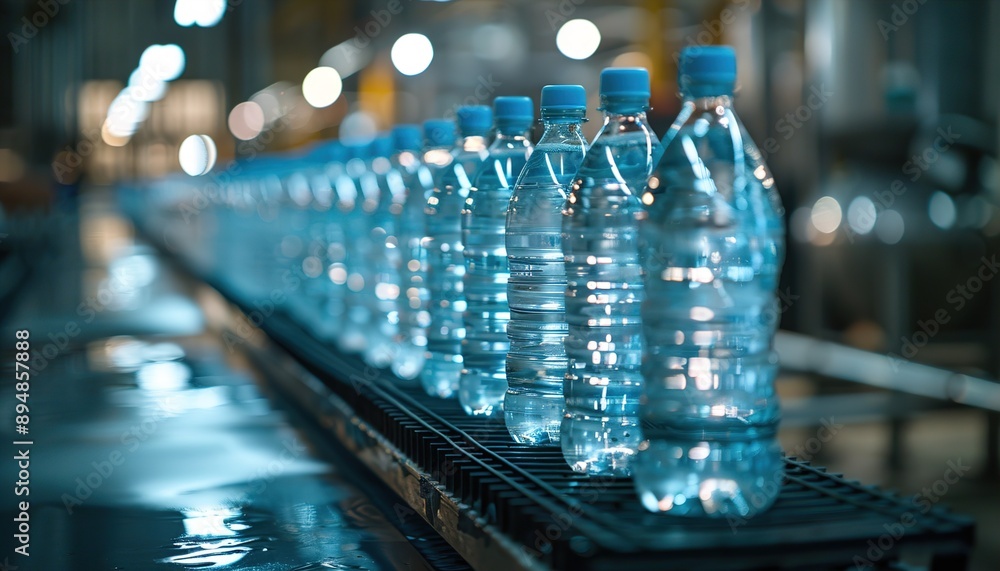 Line of bottling beverages in plastic bottles on clean light factory Line of bottling beverages in plastic bottles on clean light factory