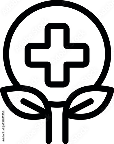 Simple line art icon of a medical cross symbol growing from a plant with leaves