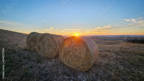 rotoballe in campo di grano al sorgere del sole in toscana photo