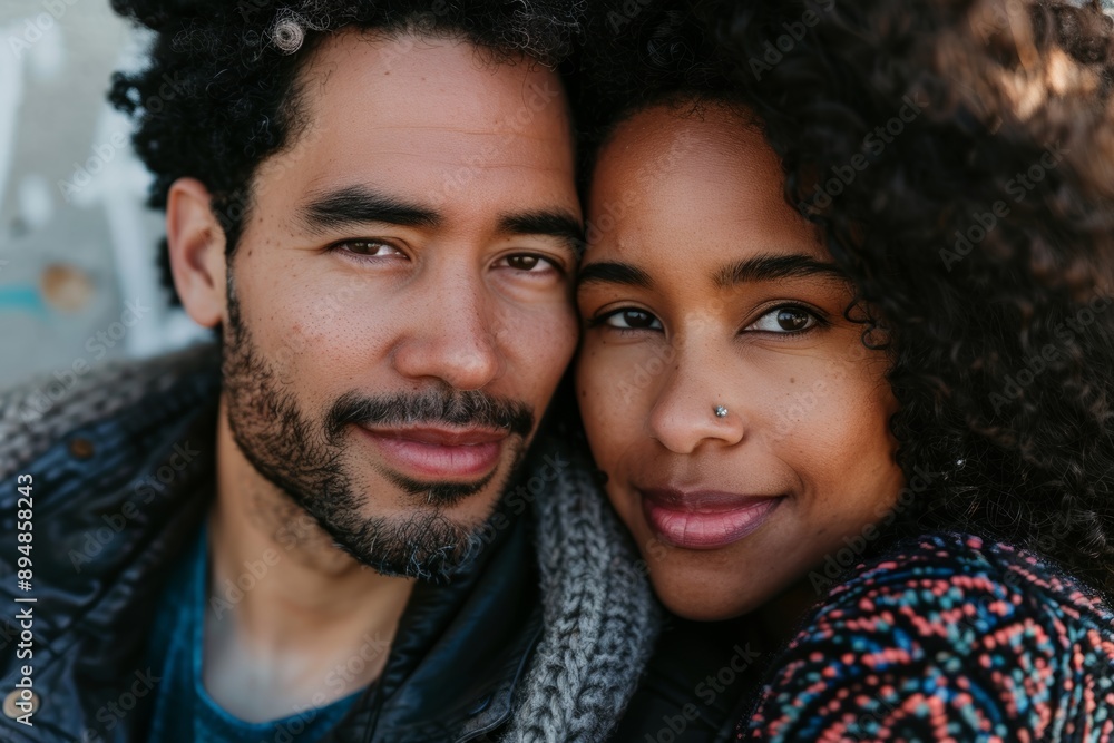 Portrait of a blissful multicultural couple in their 30s looking at the camera Portrait of a blissful multicultural couple in their 30s looking at the camera