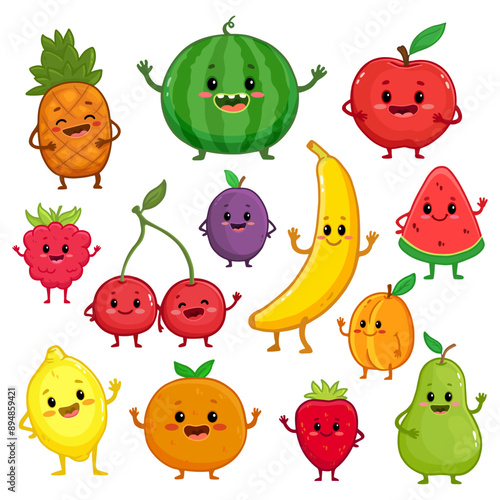 Set of cartoon fruit characters. Cute pineapple, watermelon, apple, strawberry, cherry, banana, pear, lemon, orange, apricot, raspberry, plum with arms and legs for kids. Food illustration. Vector