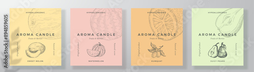 Aroma candle label design templates set. Scented air freshener product sticker mockup backgrounds collection Fruit citrus scent decorative packaging layouts bundle