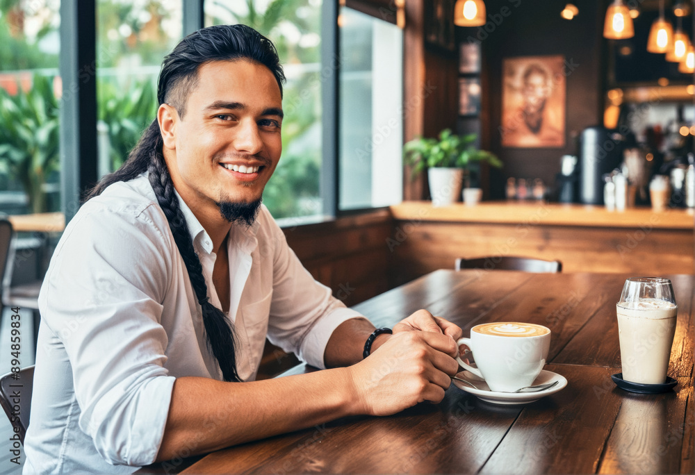A photo of a person in a beautiful coffeeshop cafe, enjoying a cup of coffee A photo of a person in a beautiful coffeeshop cafe, enjoying a cup of coffee