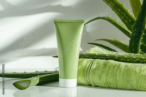 Aloe vera skincare tube with aloe leaf and green towel photo