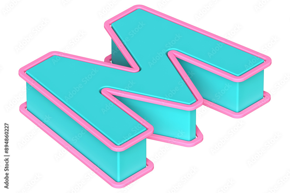 3D letter M in turquoise and magenta 90s 80s style. Isometric 3D rendering font suitable for poster, web, advertising and modern design projects. 3D letter M in turquoise and magenta 90s 80s style. Isometric 3D rendering font suitable for poster, web, advertising and modern design projects.