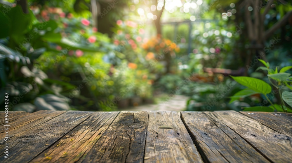 Fototapeta premium A close-up of a weathered wooden tabletop, with a lush, green garden blurred in the background. Sunlight streams through the trees, creating a warm and inviting atmosphere.