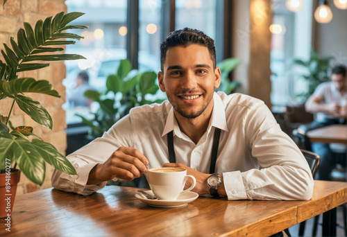 A photo of a person in a beautiful coffeeshop cafe, enjoying a cup of coffee