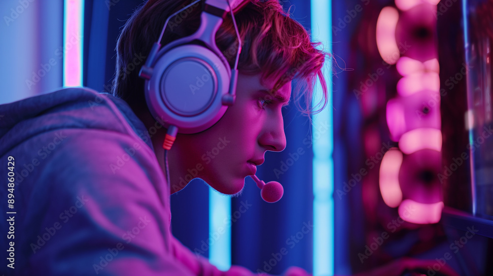 Portrait Of Young Gamer With Headphones Using Computer At Night Playing Online Games Neon Color Room, E-Sport Competition Cyber Games Internet Championship Portrait Of Young Gamer With Headphones Using Computer At Night Playing Online Games Neon Color Room, E-Sport Competition Cyber Games Internet Championship