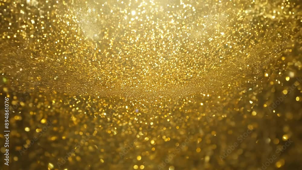 A gold glitter background in slow motion, with falling glitter particles appearing almost suspended in air. Backlighting highlights the glitter, creating a halo effect around each particle, adding a m A gold glitter background in slow motion, with falling glitter particles appearing almost suspended in air. Backlighting highlights the glitter, creating a halo effect around each particle, adding a m