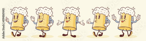 Groovy Beer Mug Retro Character Illustrations Set. Cartoon Drink Glass Walking Smiling Vector Food Brewery Mascot Templates Collection Happy Vintage Cool Beverages Rubber Hose Style Drawings