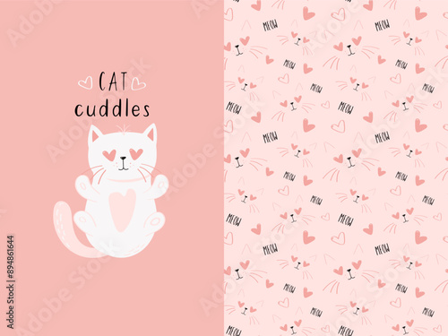 Illustration with funny cartoon cat seamless pattern with cat's muzzle and hearts. Lovely girlish pink colored vector graphic for apparel t-shirt print, textile