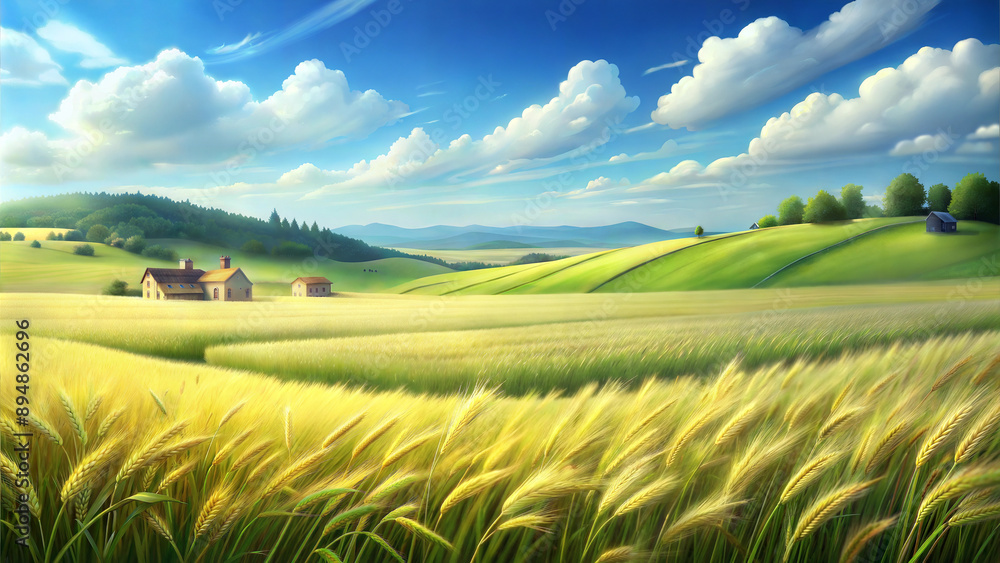 Fototapeta premium Rolling Hills with Wheat Fields and Farmhouses, Digital Art, Bright Green and Yellow Background, Scenic Rural View