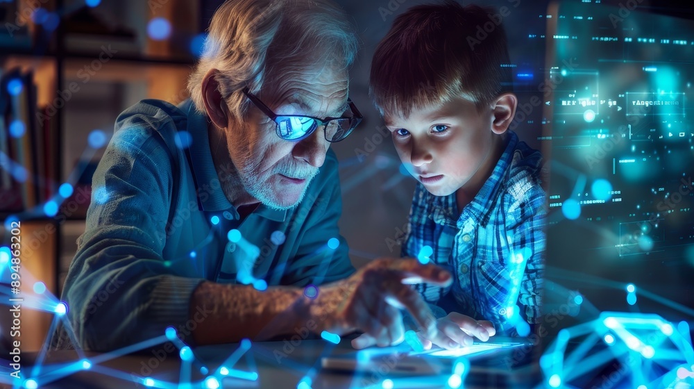 Obraz premium Intergenerational Connection Senior Citizen Teaching Technology to Youth in Hyper Detailed Image.