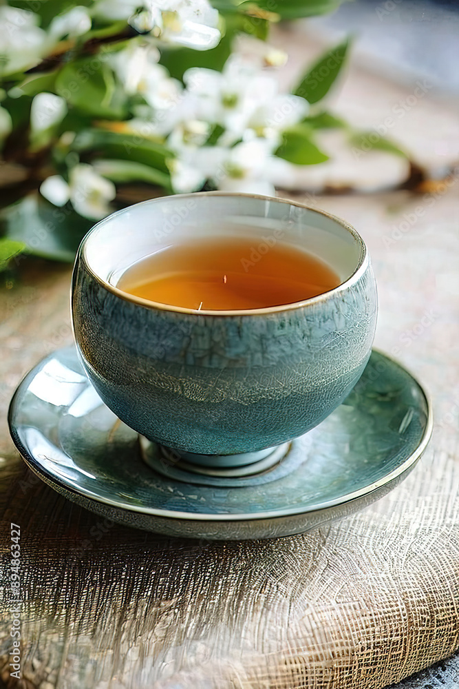 A single teacup filled with tea rests on a saucer. A single teacup filled with tea rests on a saucer.