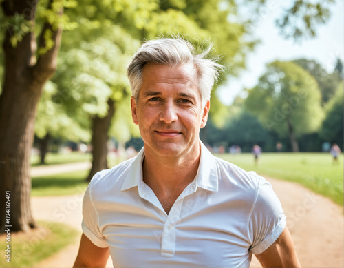 A photo of a person on a walk in a beautiful summer park 