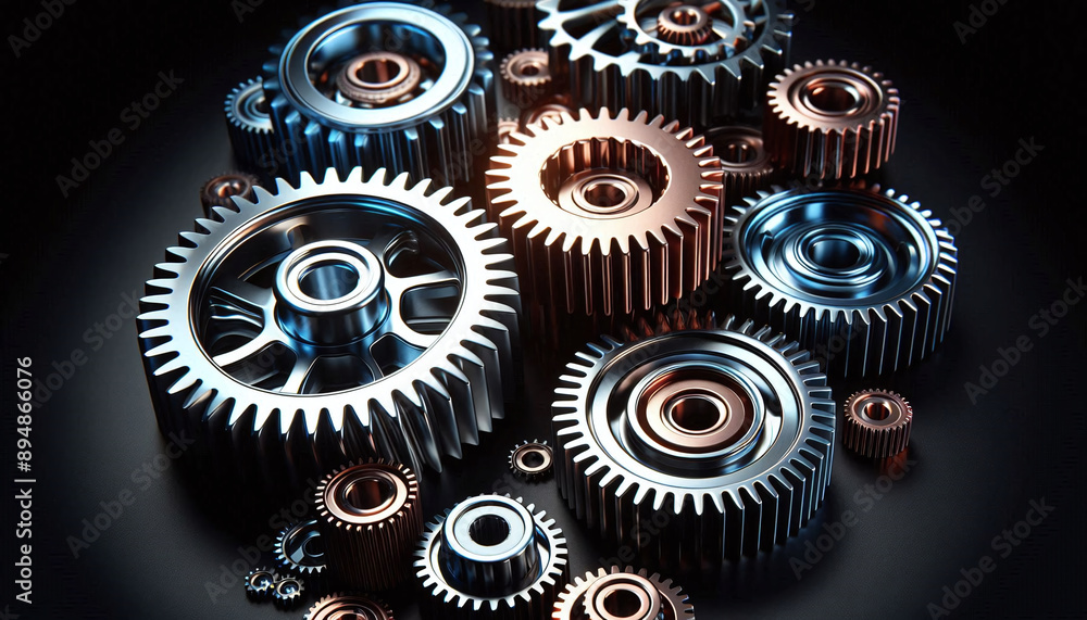 Shiny gears of cold steel colors on dark background Shiny gears of cold steel colors on dark background