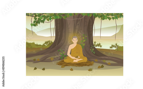 Buddha Sitting on hay attained enlightenment under the Bodhi tree in Landscape era old Bodh Gaya India. Present is the day Visakha Puja is Important day .
