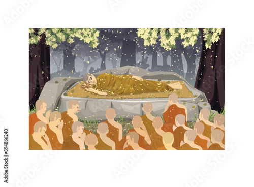 Vector Illustration Cartoon: Nirvana Buddha's death at kushikara forest Under the Sala tree (Shorea robusta) garden India. With the monk congregation mourning. Present is the day Visakha Puja.
