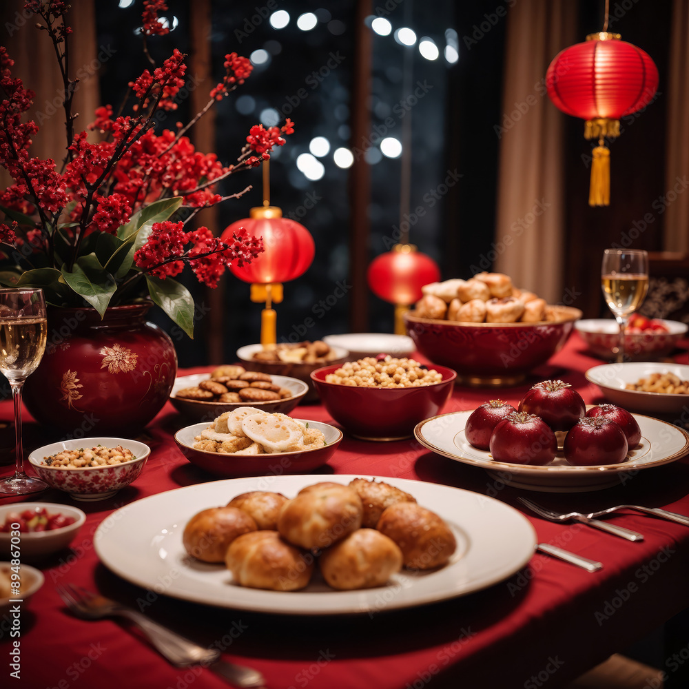 Obraz premium Red and gold themed traditional Chinese New Year dinner table