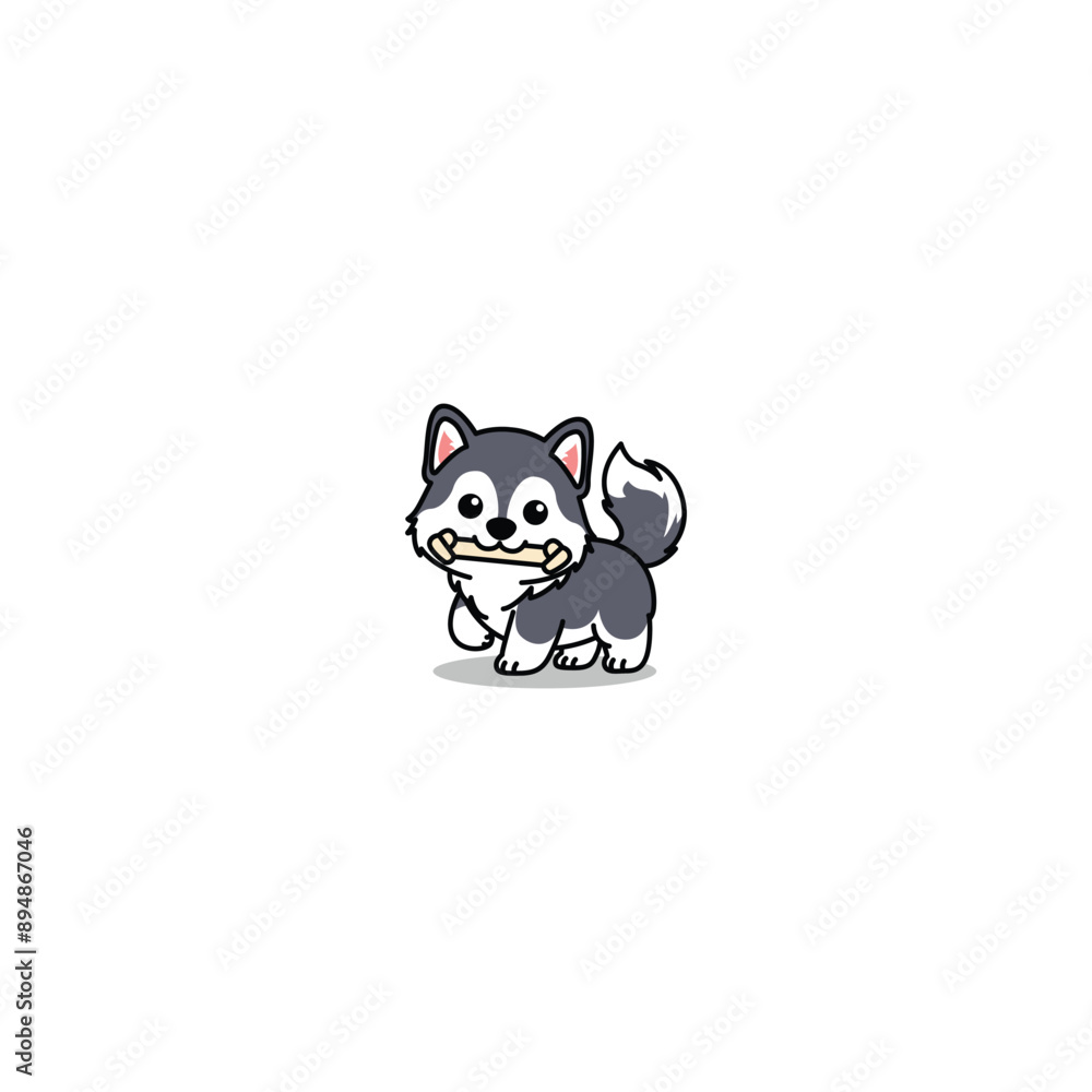 Cute siberian husky puppy holding toy in mouth cartoon, vector illustration Cute siberian husky puppy holding toy in mouth cartoon, vector illustration